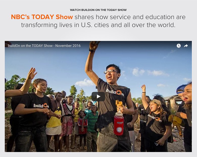 BuildOn website showing recent news about the charity