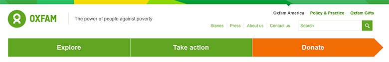 Oxfam website header with donate button on right