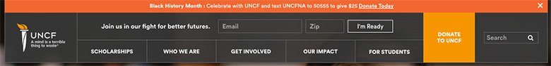 UNCF website header, showing brand on left, donate on right