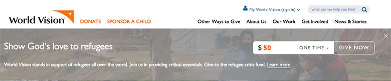 World Vison website header, showing brand on left, donate on right with a suggested donation