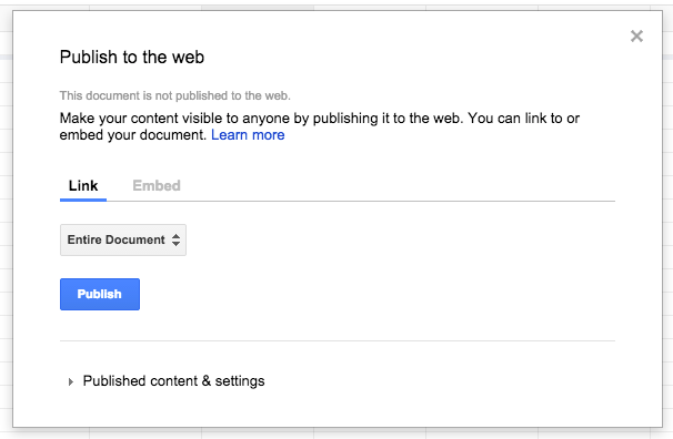 Google spreadsheet publishing interface
