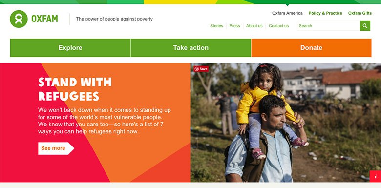 Oxfam website with full page hero image and addtional call to action