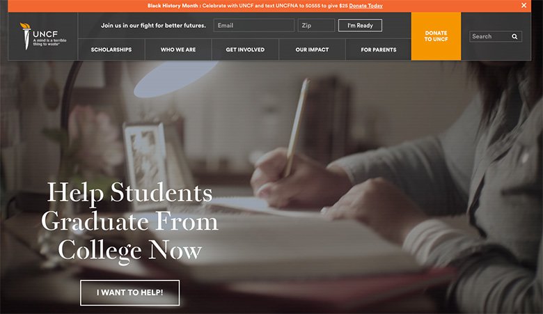 UNCF website with full page hero image and addtional call to action