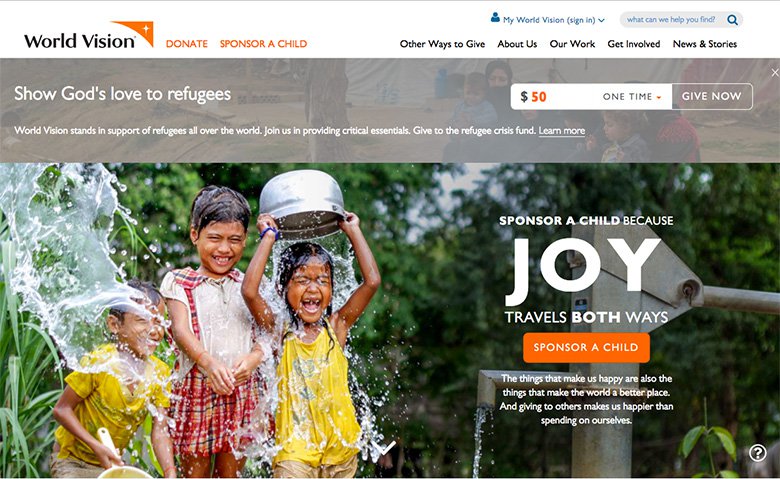 World Vision website with full page hero image and addtional call to action