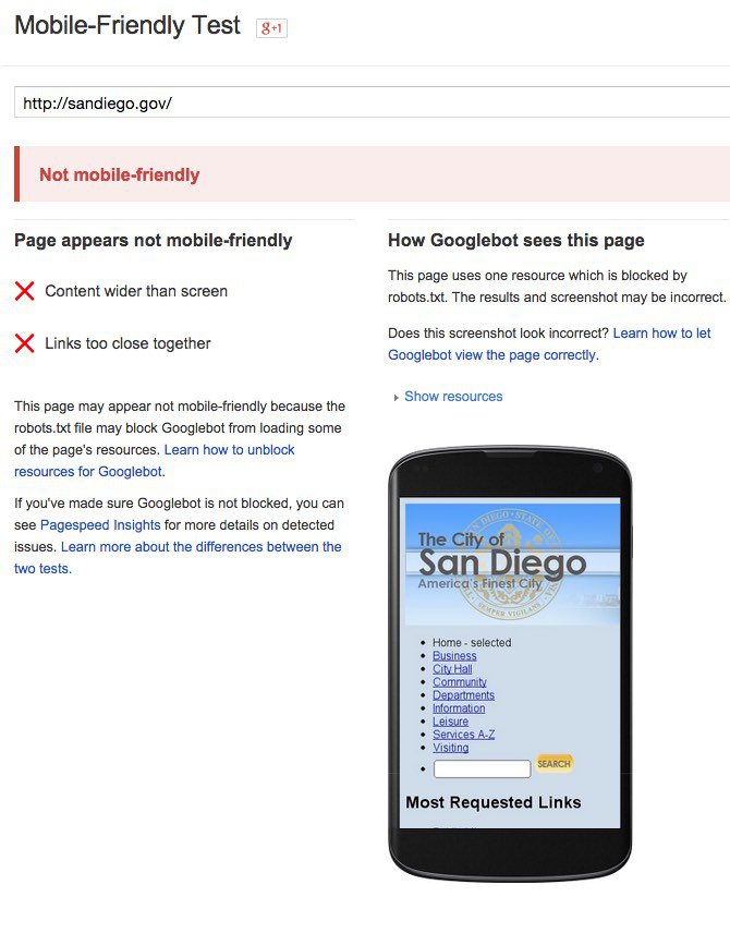 as of 2015, San Diego's city website was not mobile friendly