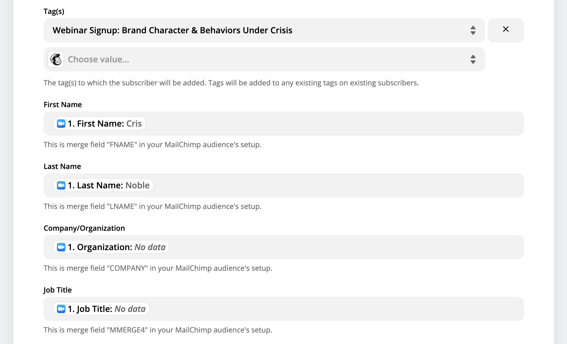 Sync the Zoom registrat's email to the MailChimp subscriber field