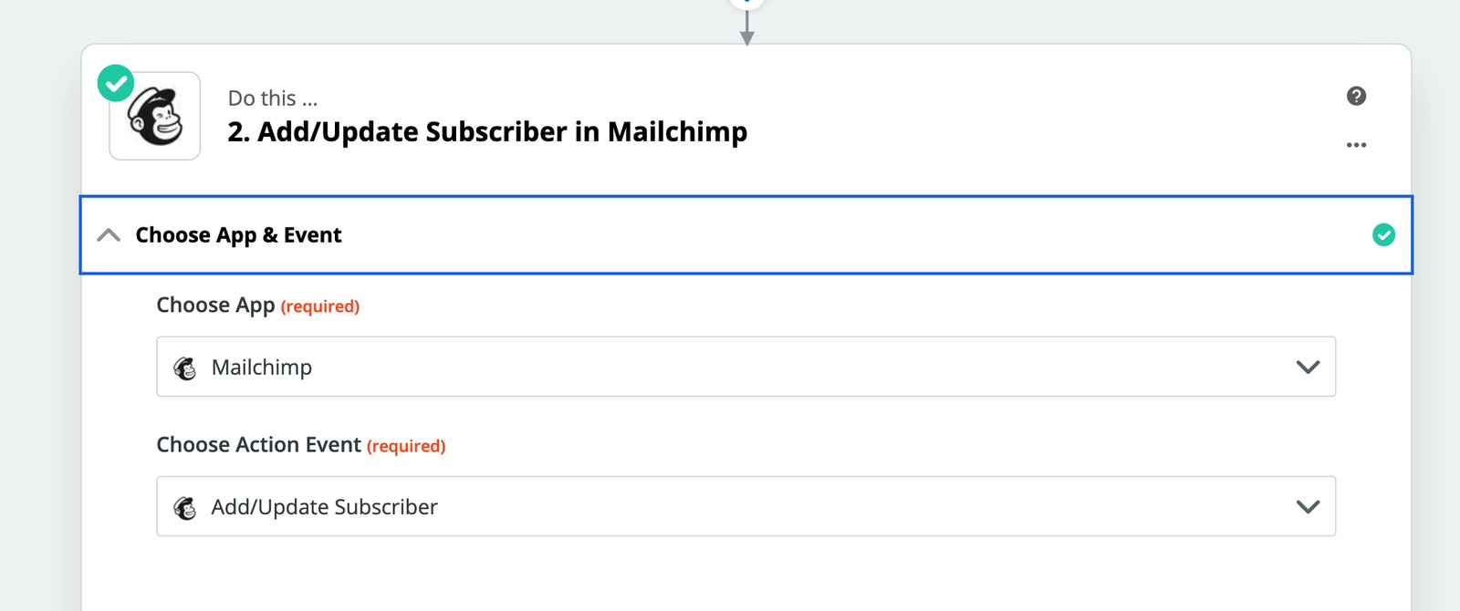 Configure the action step in Zapier for Zoom, pick mailchimp and add / update subscriber