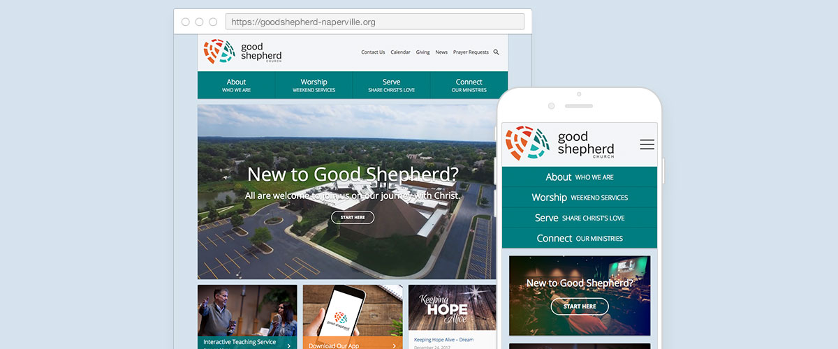 Good Shepherd Naperville website, mobile and desktop views